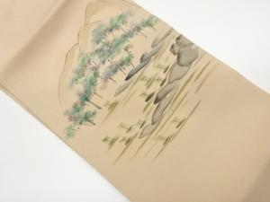 縮緬地手描き金彩帆船に草木・山並・風景模様名古屋帯